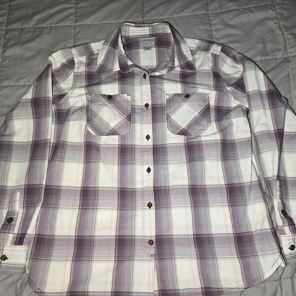 Carhartt Women's Medium 8/10 Casual Plaid Shirt Purple and White 97% Cotton